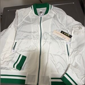 Lightweight White Bomber Jacket with Green Trim